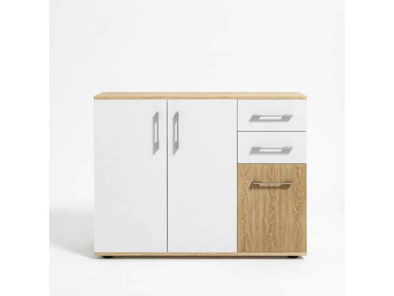 Buffet 3 portes 2 tiroirs meuble de rangement blanc et naturel 90 x 30 x 75.5 cm - Conforama A