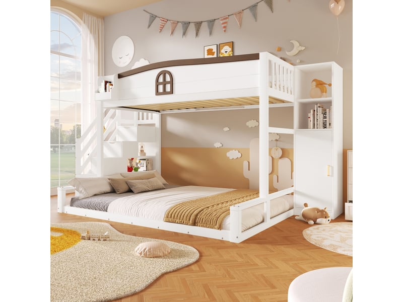 Lit superposé enfant 90x200140x200 cm, 3 couchages, escalier avec rangements, armoire intégrée, fenêtre décorative, pin et mdf blanc - Conforama B