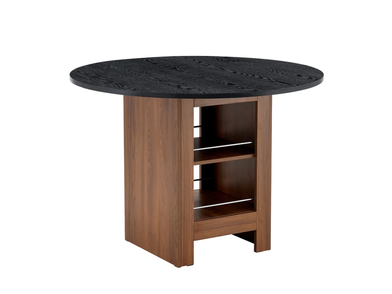  Table à manger ronde ø100 cm avec étagère de rangement, plateau mdf effet noyer, structure en métal noir, design moderne pour salle à manger  - Conforama A