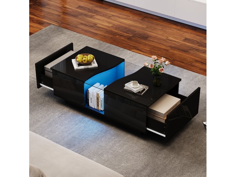  Table basse led 100x50x35 cm noire brillante avec 2 tiroirs et panneau acrylique  - Conforama B