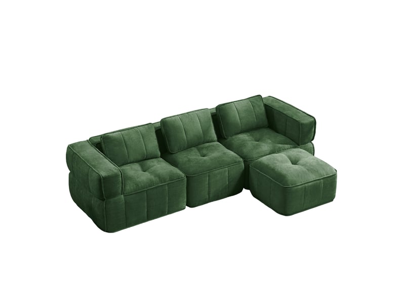 Canapé d'angle modulable 3 places sans cadre avec pouf, en polyester vert - Conforama A