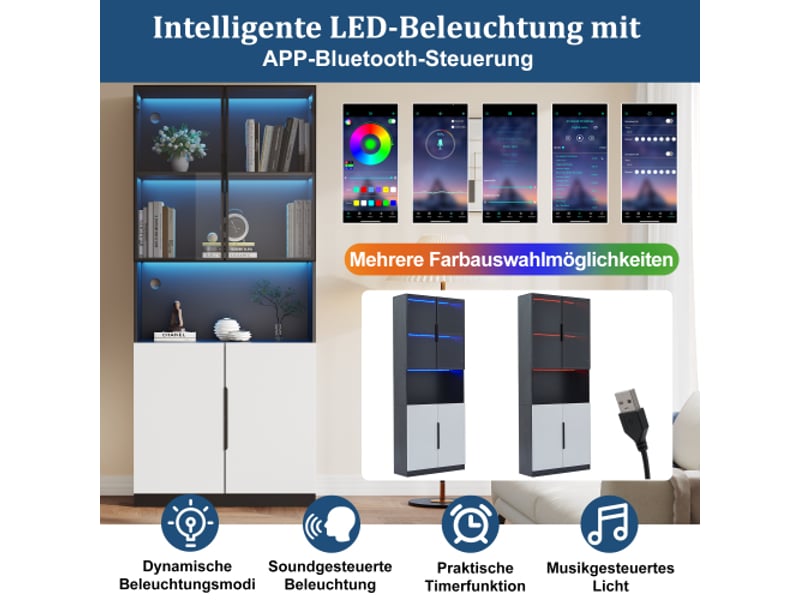  Vitrine moderne minimaliste avec portes en verre, vitrine avec éclairage led, étagère pour objets de collection, 160 x 30 x 200 cm  - Conforama E