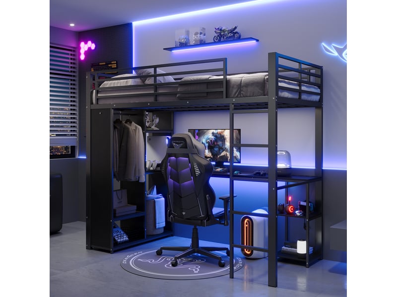  Lit mezzanine 90x200 cm noir en métal et mdf avec bureau, armoire ouverte, led et prises usb-c, sans matelas  - Conforama E