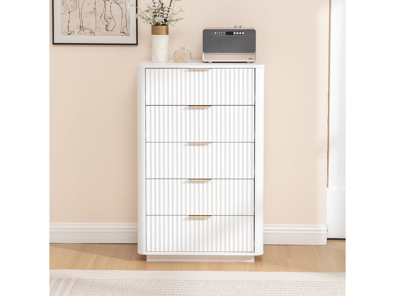 Commode 5 tiroirs, 70x40x108 cm, chiffonnier moderne pour chambre et salon, meuble de rangement en mdf avec coulisses silencieuses, blanc - Conforama B