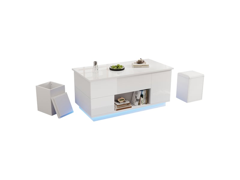  Table basse relevable 4-en-1 100x50x45 cm avec led, 2 tiroirs, 4 tabourets et espaces de rangement intégrés, blanc brillant  - Conforama D