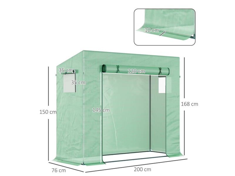  Serre de jardin en aluminium, avec porte enroulable et fenêtres latérales, en acier et plastique, 200 x 76 x 168 cm, verte  - Conforama E
