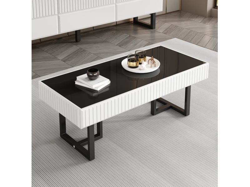  Table basse design 110x50,5x41 cm plateau noir laqué brillant résistant piétement métal mdf et particules noir et blanc  - Conforama W