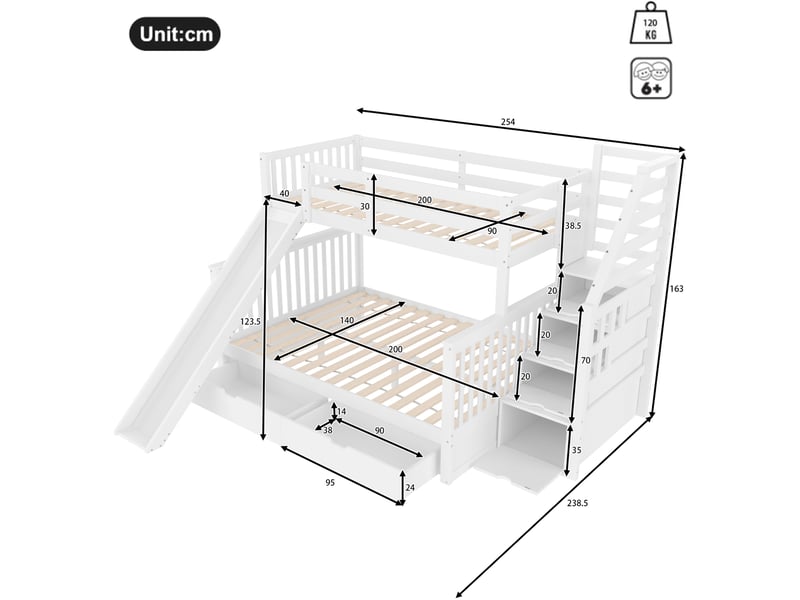  Lit superposé enfant 90x200 et 140x200 cm avec toboggan et tiroirs blanc  - Conforama C