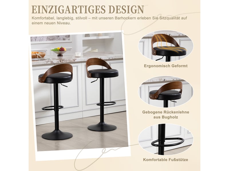  Tabourets de bar lot de 2 pivotants 360° et réglables en hauteur - lpospi - dossier ergonomique, base métal, pu noir  - Conforama E