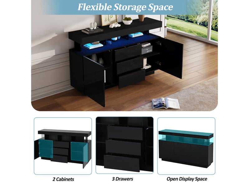 Buffet 3 tiroirs et 2 portes coulissantes led pour salle à manger en panneaux de particules 140×35×80 cm noir - Conforama C