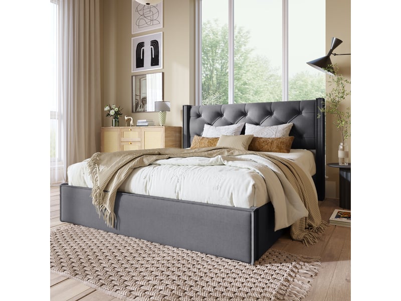  Lit coffre hydraulique 140x200cm en coton gris, sommier à lattes inclus, sans matelas, tête rembourrée  - Conforama E