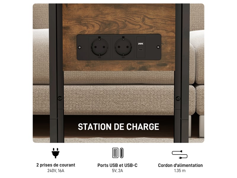  Table d'appoint bout de canapé avec station de charge, plateau pliable, brun rustique et noir, 39 x 29 x 57 cm  - Conforama E