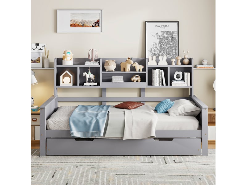  Lit gigogne multifonction 90x200 cm avec couchage 90x190 cm et rangements, gris  - Conforama B