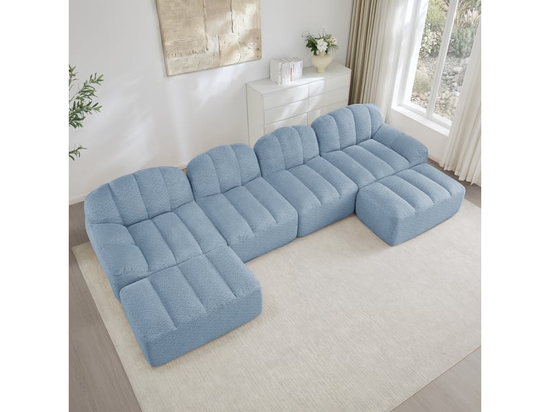 Canapé modulable u ulevr 4 places avec 2 poufs, tissu bouclette bleu, 366 x 165 x 79 cm - Conforama B