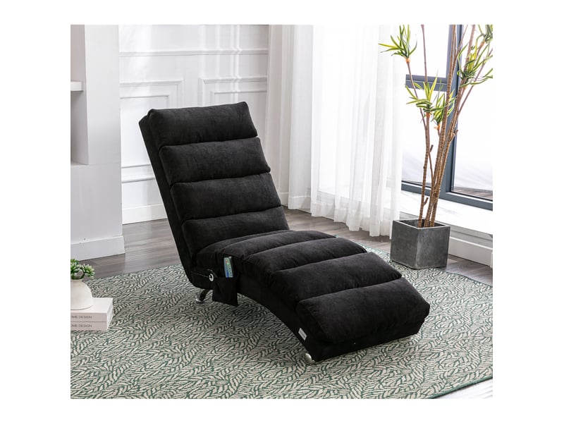  Fauteuil relax fixe vibrant 148x55x84 cm, dossier 140°, soutien complet, poches latérales, mousse, lin noir  - Conforama B