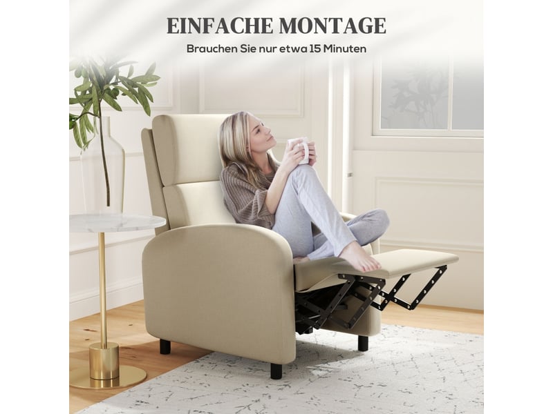 Fauteuil relax inclinable beige, siège tv rembourré avec repose-pieds, dossier réglable pour salon et bureau - Conforama E