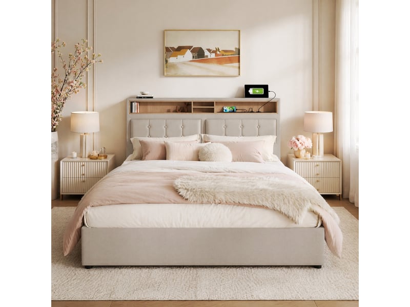  Lit double avec rangement en lin beige clair 140 x 200 cm avec matelas  - Conforama D