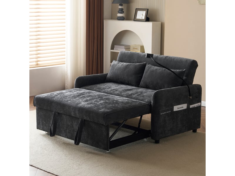 Canapé convertible 2 places avec fonction lit, dossier réglable, porte-téléphone, usb, poches latérales et 2 coussins, canapé multifonction en chenille - gris - Conforama E