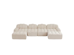 Canapé panoramique coquille 4 places, 2 poufs beigeblanc – 366 x 165 x 79 cm