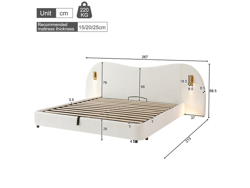 Lit coffre 2 places 180x200 cm en tissu bouclette blanc avec lampes de lecture et port usb, sans matelas  - Conforama C