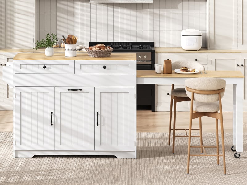  Îlot de cuisine extensible 188,6 x 36,7 x 92 cm, roulettes, 2 tiroirs, 3 portes et poubelle intégrée, blanc, en mdf  - Conforama B
