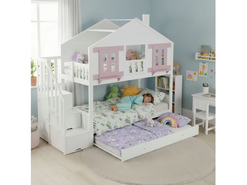  Lit superposé enfant avec lit gigogne, rangement escalier et espace penderie blanc et rose 90 x 200 cm  - Conforama C