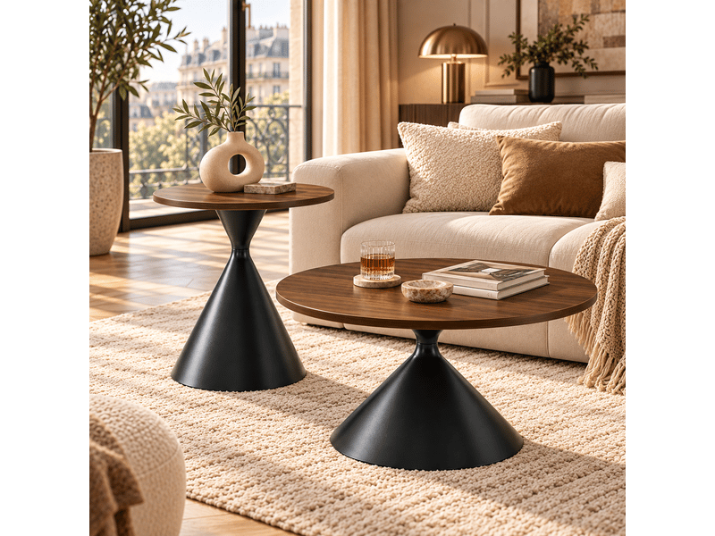 Table basse ronde ensembles avec plateau effet noyer et structure acier noir - Conforama R