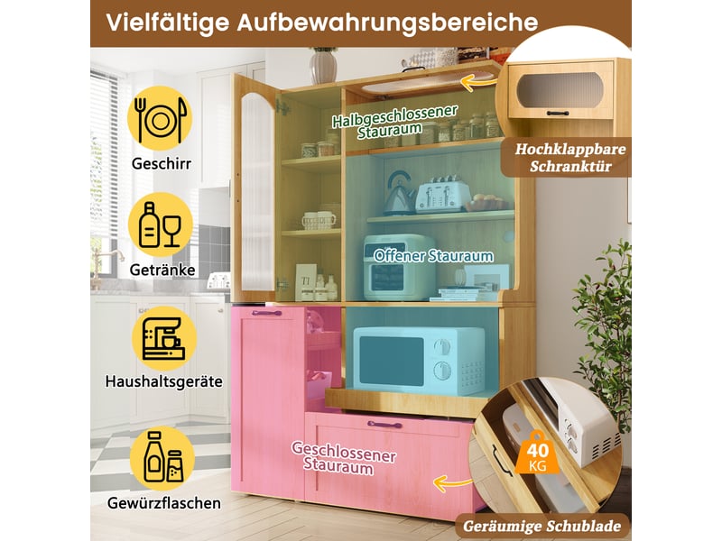  Buffet cuisine avec portes vitrées et 1 tiroir, 98 x 40 x 177 cm, étagère coulissante, niches ouvertes et verre cannelé, mdf, couleur bois Morn Vibe - Conforama E