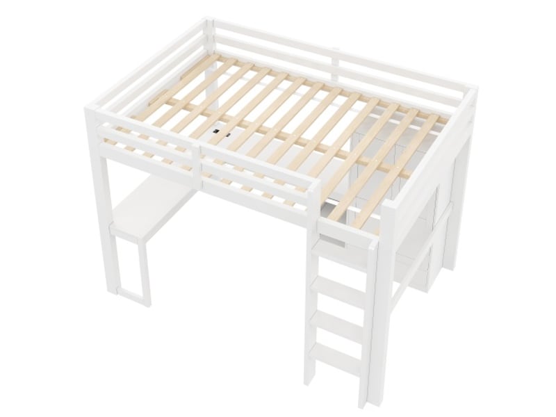  Lit surélevé 140×200 cm, bureau + étagères + armoire + usb + led, blanc  - Conforama E