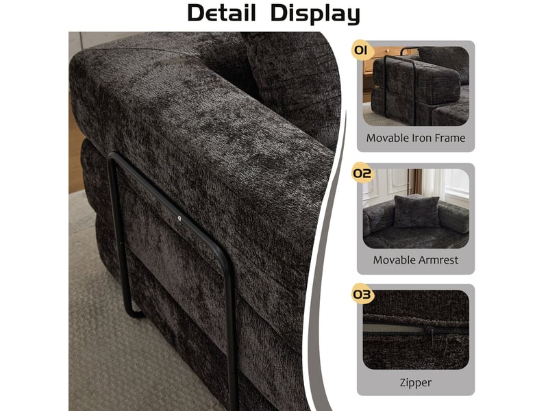  Canapé convertible 200 cm, canapé-lit modulable au sol en tissu chenille, sans montage, 2 places, noir  - Conforama D
