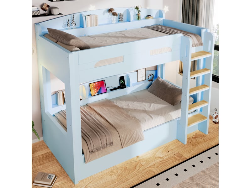  Lit superposé modenvie 90 x 200 cm avec prise usb et étagères latérales bois de pin et mdf bleu clair  - Conforama D