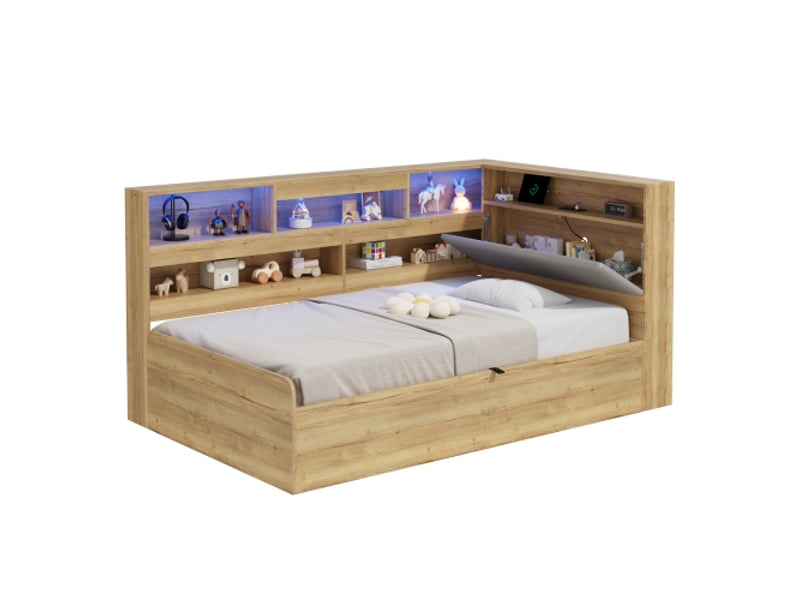  Lit banquette coffre 90x200 cm-rangement hydraulique-led-usbusb-c et prise électrique-montage réversible-bois naturel  - Conforama A