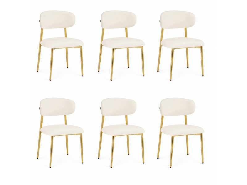  Lot de 6 chaises de salle à manger 51x50x81 cm, assise rembourrée, patins réglables, métal et bois, blanc et doré  - Conforama A