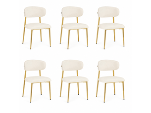 Lot de 6 chaises de salle à manger 51x50x81 cm, assise rembourrée, patins réglables, métal et bois, blanc et doré
