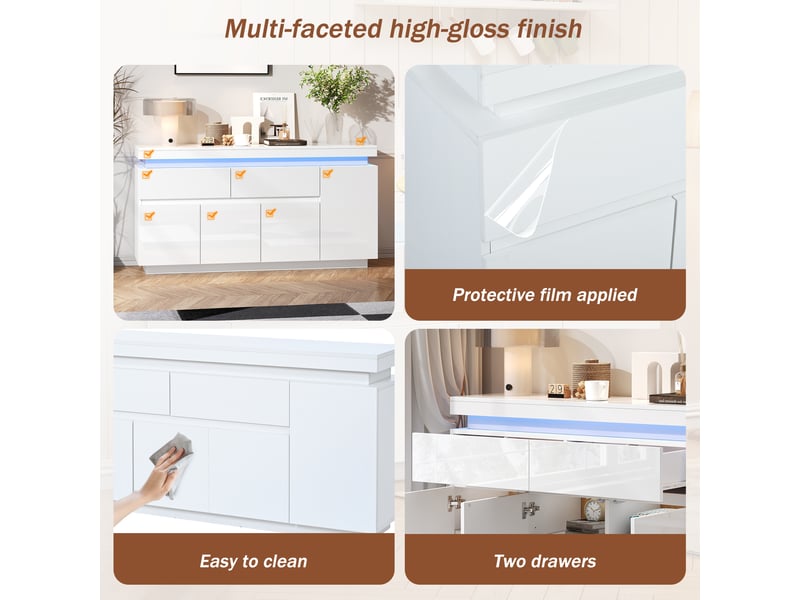  Buffet blanc haut gloss 140x35x72,5 cm avec 2 tiroirs et 4 portes, meuble rangement salon led  - Conforama E