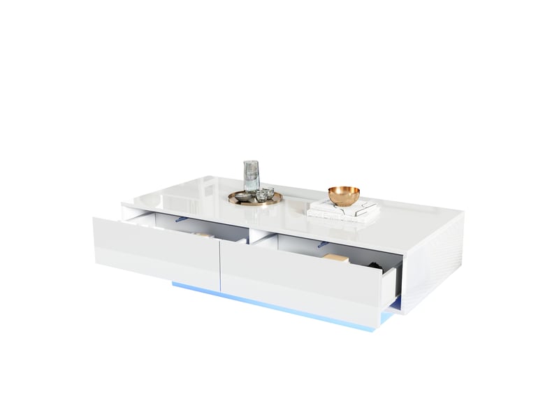  Table basse blanche brillante avec led, 115x55x34 cm, table de salon moderne avec 2 tiroirs, capacité 30 kg  - Conforama D