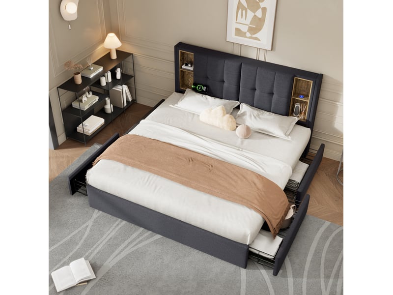  Lit coffre 160 × 200 cm 2 places avec 4 tiroirs, usb, type-c et recharge sans fil, matelas inclus, gris en lin  - Conforama B