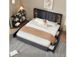 Lit coffre 160 × 200 cm 2 places avec 4 tiroirs, usb, type-c et recharge sans fil, matelas inclus, gris en lin