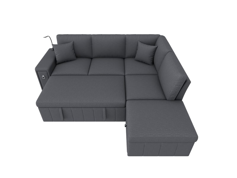  Canapé d'angle convertible, gris 5 places canapé lit, avec pouf coffre de rangement, liseuse et ports usb pour salon, 213x184x88cm  - Conforama A