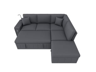 Canapé d'angle convertible, gris 5 places canapé lit, avec pouf coffre de rangement, liseuse et ports usb pour salon, 213x184x88cm