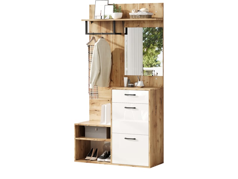  Vestiaire d'entrée avec miroir et banc à chaussures blanc et bois 100x38.5x190 cm N625P298568569Z - Conforama B