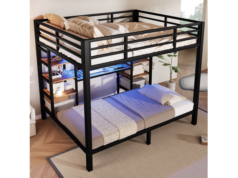  Lit superposé 90x200 cm et 140x200 cm avec led et rangements noir  - Conforama B