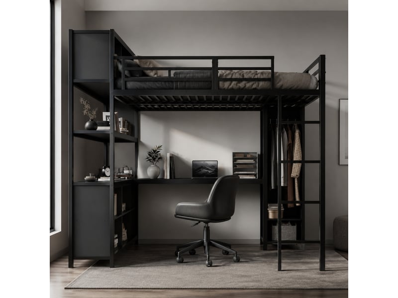  Lit mezzanine 2 places 140×200 cm bureau, rangement et armoire  - sans matelas métal bois noir  - Conforama B