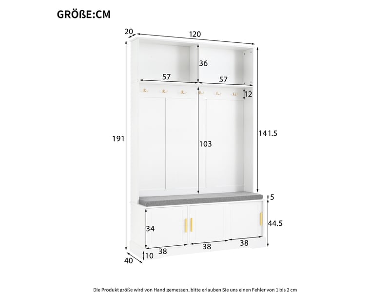  Meuble d'entrée avec 6 crochets, banc et rangement à chaussures, étagère, pour couloir, blanc, 120 × 40 × 191 cm  - Conforama D