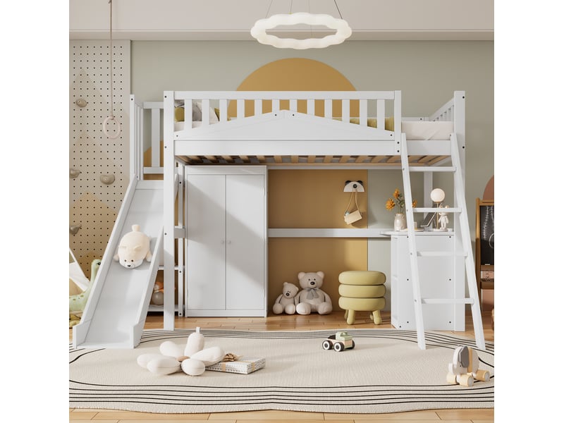 Lit surélevé enfant 90x200 cm avec toboggan, bureau, armoire et rangements, blanc - Conforama B