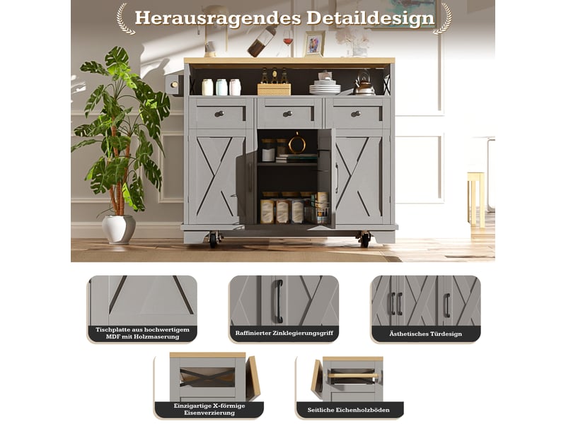 Desserte de cuisine à roulettes avec plateau rabattable et 3 tiroirs, en mdf et métal gris, 118 × 43–80 × 98 cm - Conforama E