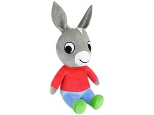 Peluche âne xxl trotro 65 cm grise avec chemise rouge, pantalon bleu, pieds verts