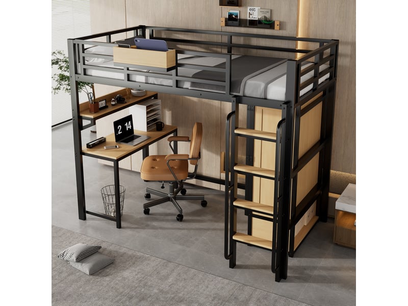  Lit mezzanine 90x200 cm, lit avec bureau, armoire et rangement, structure métal et mdf, noir et naturel, sans matelas  - Conforama B