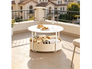 Table basse ronde avec panier de rangement amovible et pieds réglables pour salon, beige et blanc, ø 80 × 50 cm