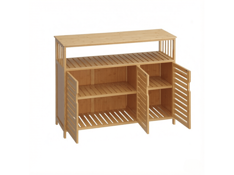  Buffet bas de rangement en bambou naturel 100 x 35 x 82 cm, 3 portes et étagère  - Conforama A